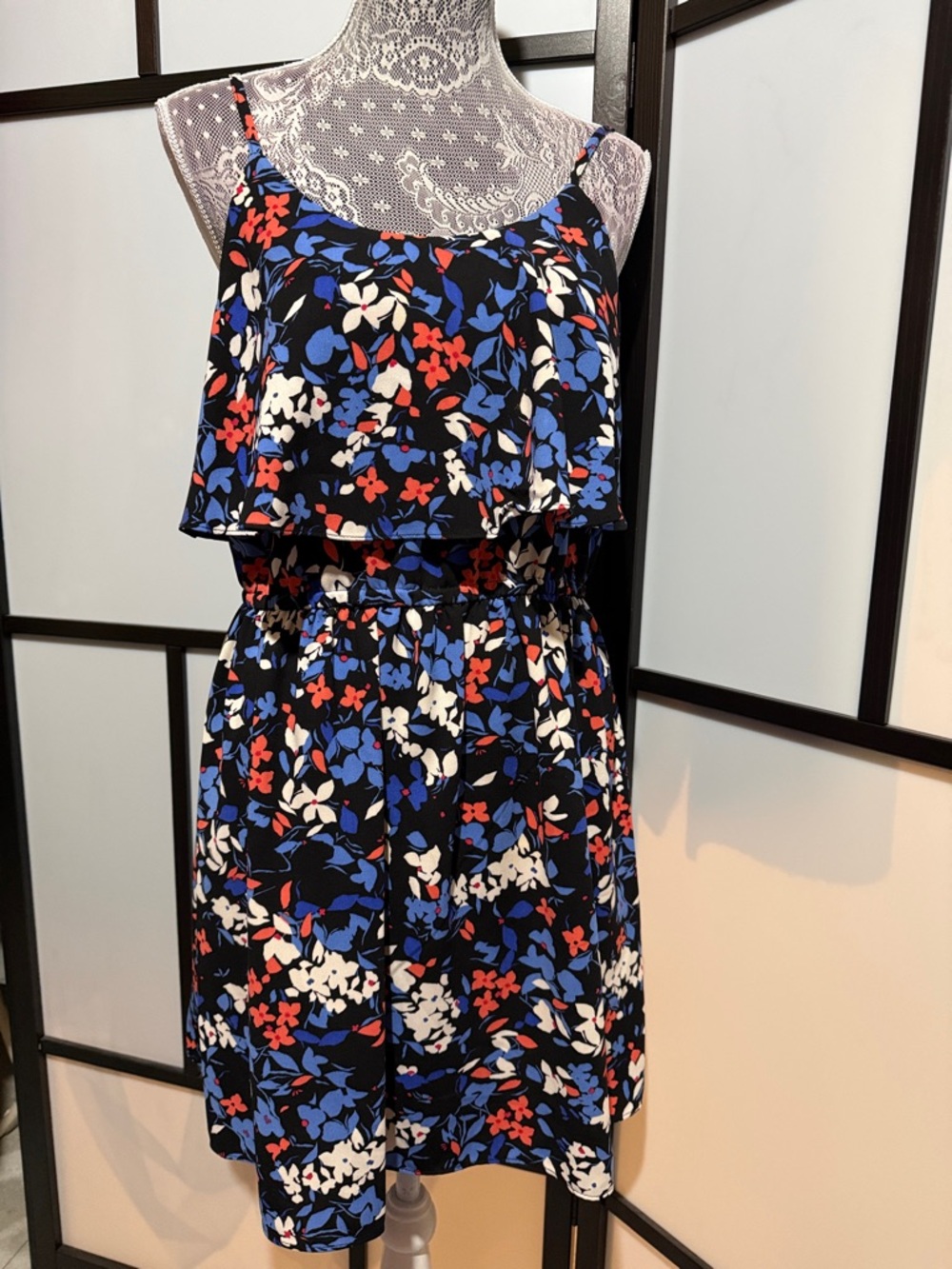 Elle Black Floral Sundress with Blue, Red & White Flowers